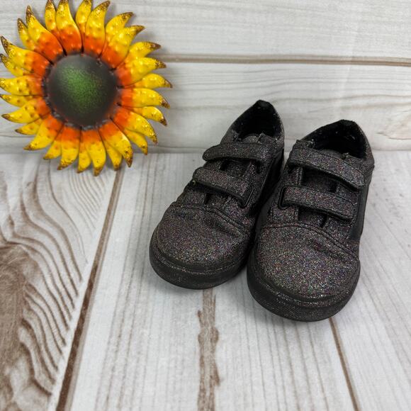 Vans Old Skool Toddler Glitter Sneakers Black‎ Sparkle Hook and Loop Shoes 10C - Picture 1 of 7